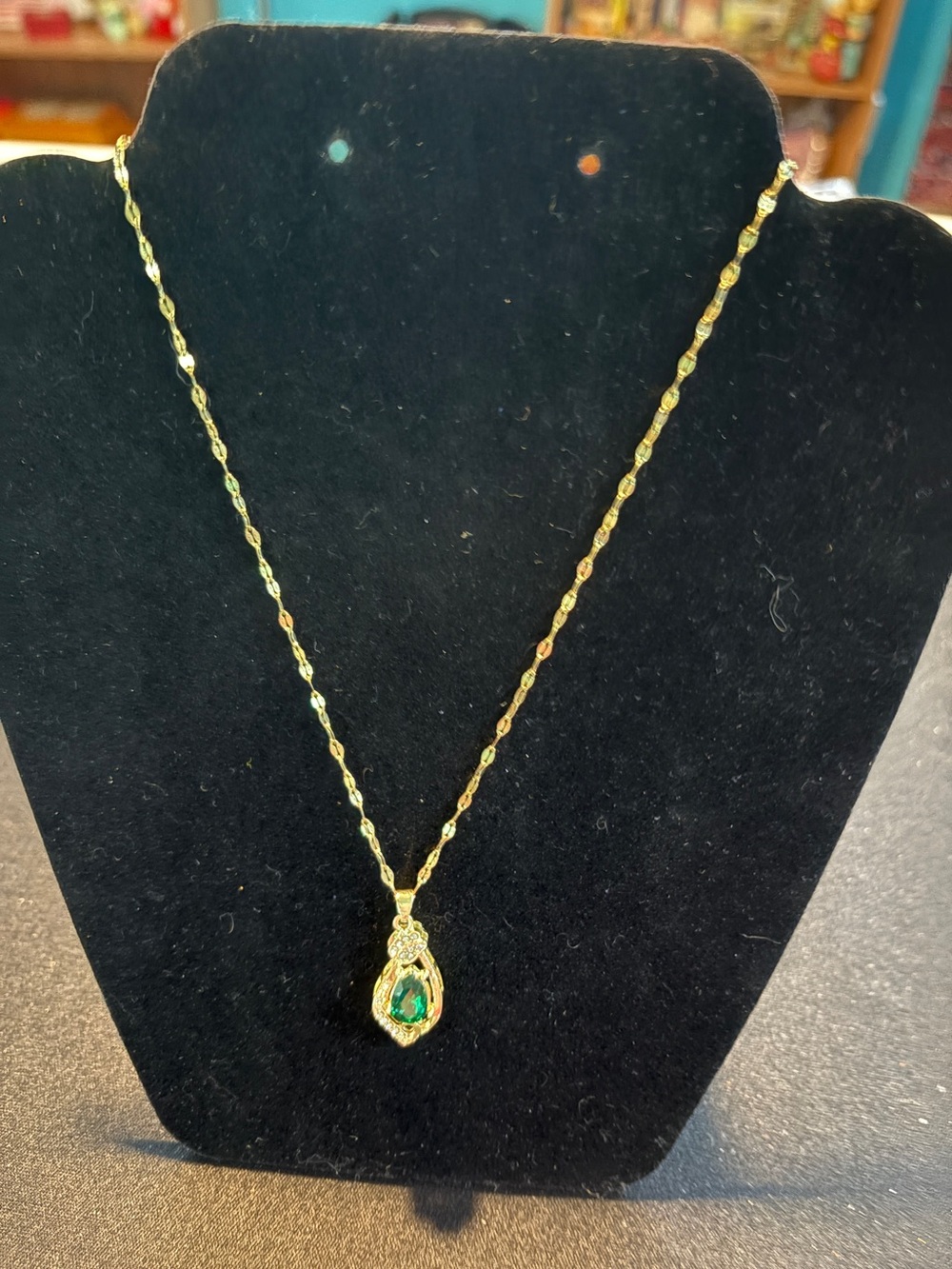 Gold-Tone Emerald Teardrop Pendant Necklace - Women Jewelry